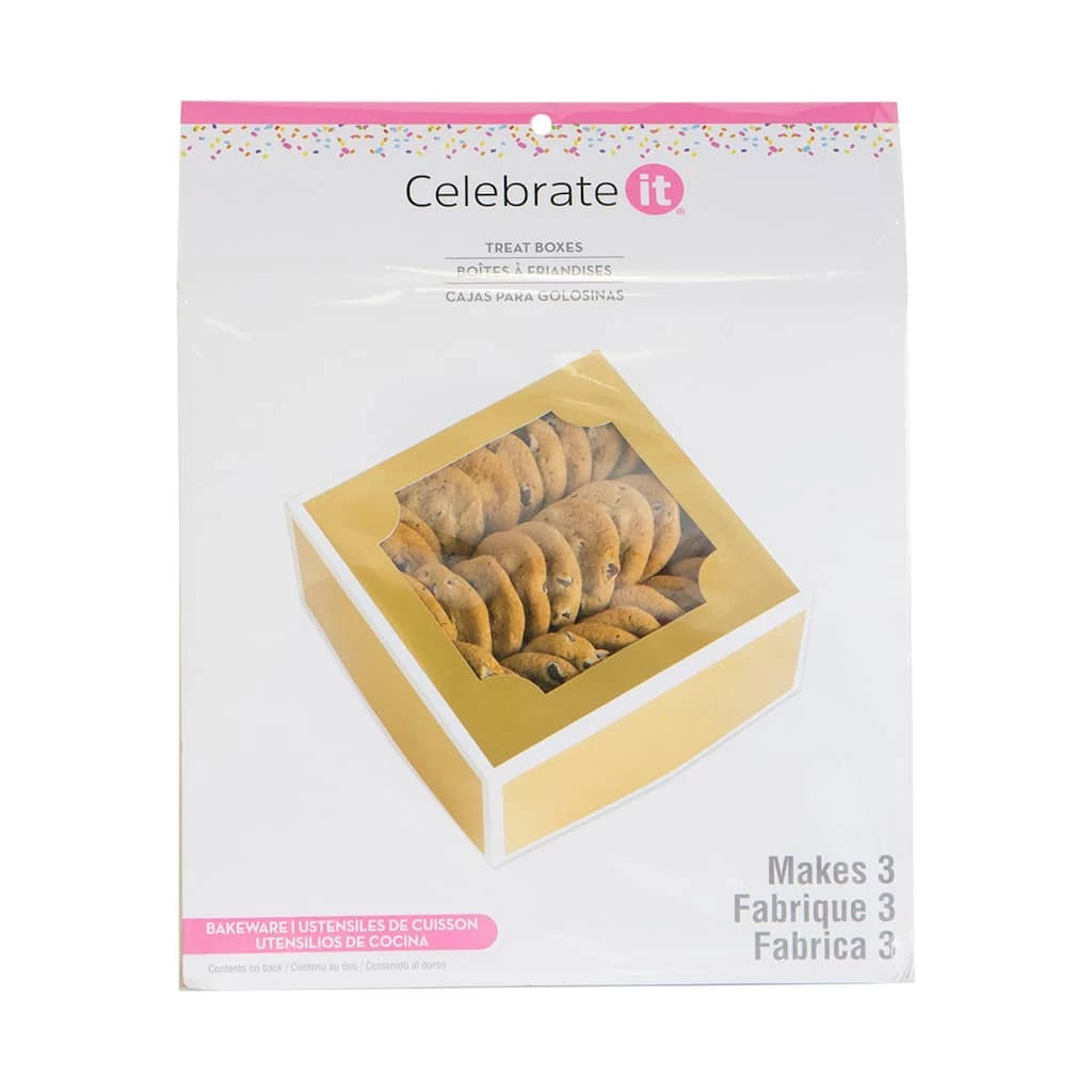 Cheapest ❤️ 6 Packs: 3 ct. (18 total) Gold Treat Boxes with White Trim by Celebrate It® 🎉 1 Cheapest ❤️ 6 Packs: 3 ct. (18 total) Gold Treat Boxes with White Trim by Celebrate It® 🎉