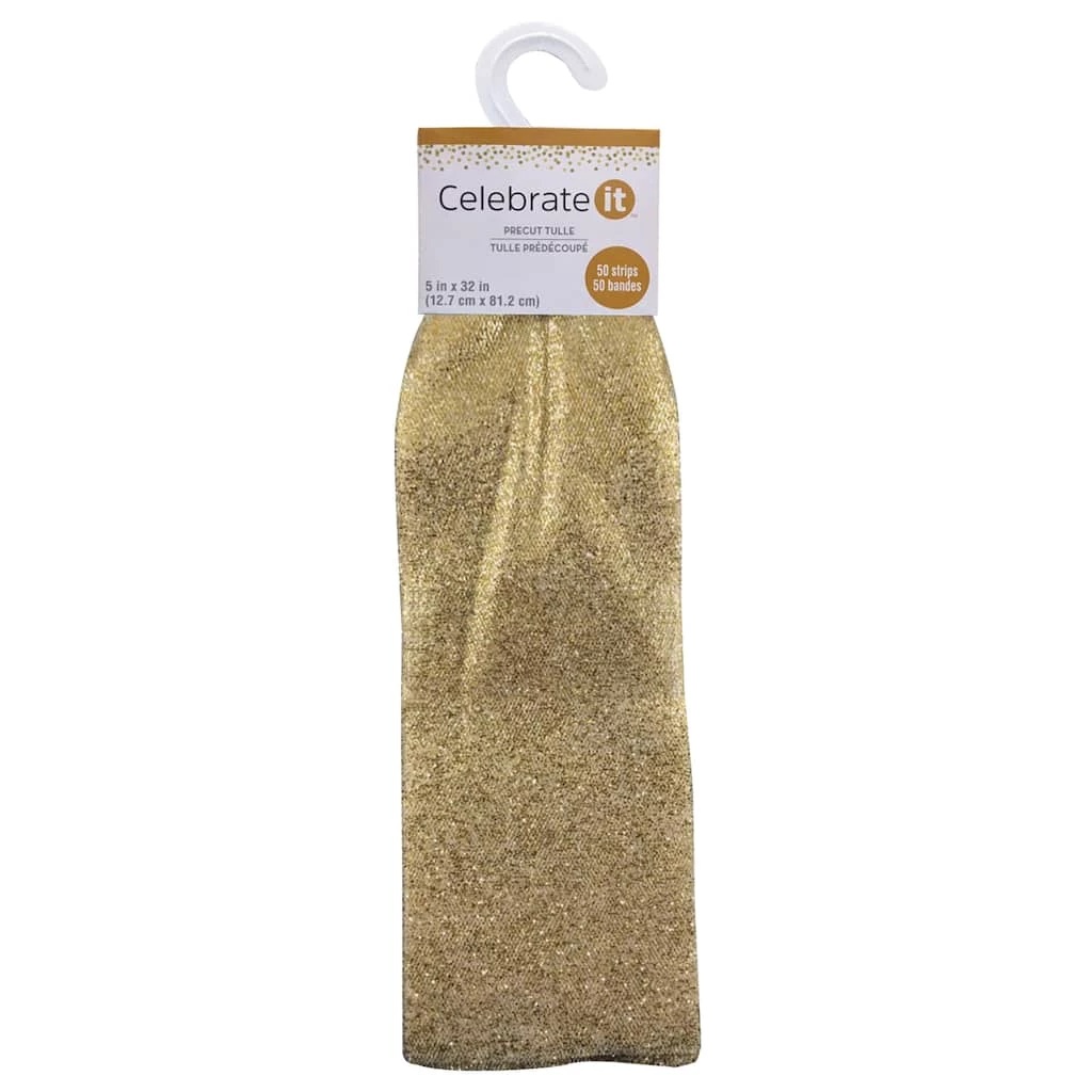 Promo 🤩 12 Packs: 50 ct. (600 total) Gold Glitter Pre-Cut Tulle Strips by Celebrate It™ ✨ 1 Promo 🤩 12 Packs: 50 ct. (600 total) Gold Glitter Pre-Cut Tulle Strips by Celebrate It™ ✨