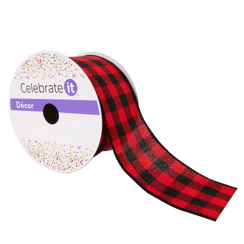 Outlet ❤️ 12 Pack: 2.5" Buffalo Check Wired Ribbon by Celebrate It™ 😉 1 Outlet ❤️ 12 Pack: 2.5" Buffalo Check Wired Ribbon by Celebrate It™ 😉