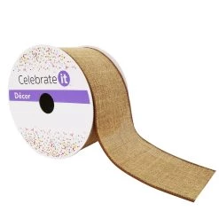 Buy 🥰 2.5" Tan Faux Linen Wired Ribbon by Celebrate It™ 🔔