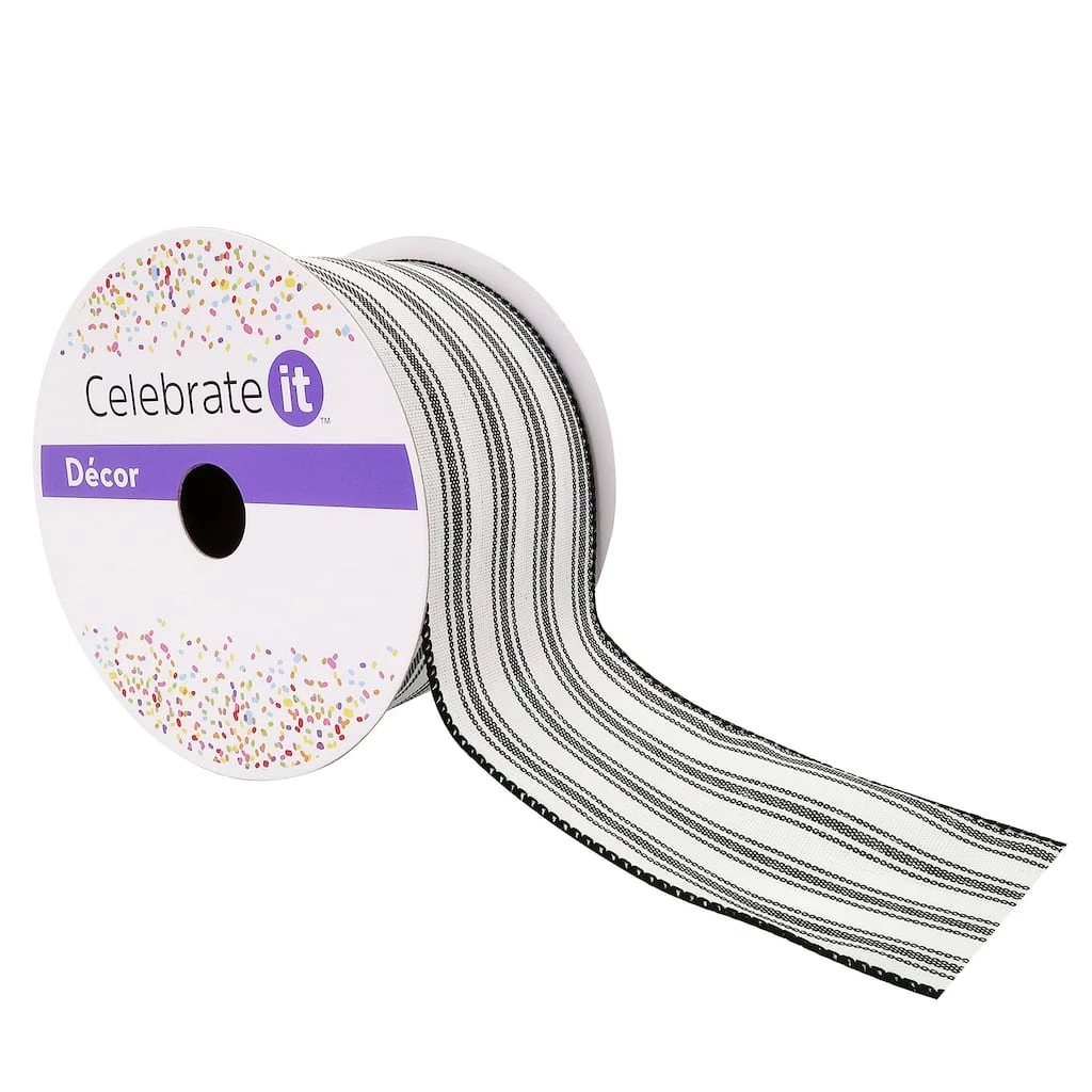 Wholesale 🧨 12 Pack: 2.5" Faux Linen Wired Stripe Ribbon by Celebrate It™ 🌟 1 Wholesale 🧨 12 Pack: 2.5" Faux Linen Wired Stripe Ribbon by Celebrate It™ 🌟