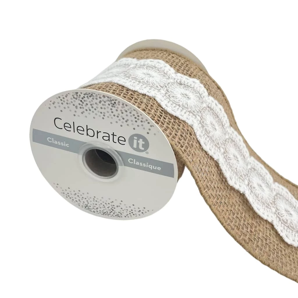 Outlet ✔️ 12 Pack: 3.5'' x 2yd. Lace Burlap Ribbon by Celebrate It® 👏 1 Outlet ✔️ 12 Pack: 3.5'' x 2yd. Lace Burlap Ribbon by Celebrate It® 👏