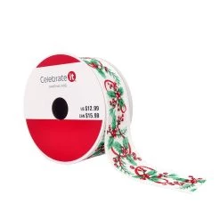 Coupon 💯 1.5" x 30ft. Faux Linen Wired Mistletoe & Holly Ribbon by Celebrate It® ❄ Christmas 😀