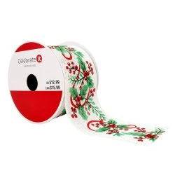 Coupon 😀 2.5" x 20ft. Faux Linen Wired Holly & Mistletoe Ribbon by Celebrate It® 🎁 Christmas ⌛