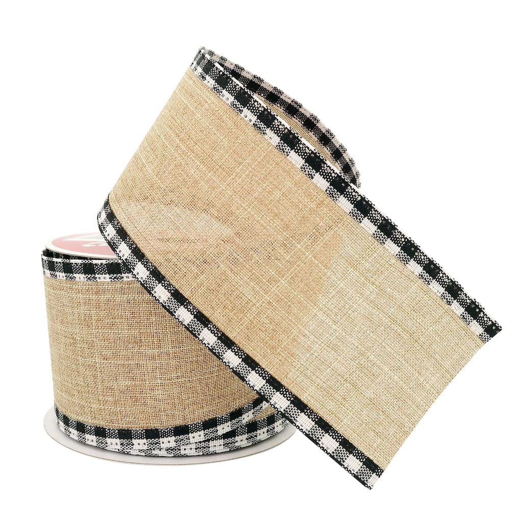 Best deal ✨ 2.5" x 20ft. Wired Faux Linen with Gingham Edge Ribbon by Celebrate It® 🎅 Christmas 🎉 2 Best deal ✨ 2.5" x 20ft. Wired Faux Linen with Gingham Edge Ribbon by Celebrate It® 🎅 Christmas 🎉 - Image 2