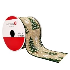 Budget 🎉 2.5" x 20ft. Faux Linen Wired Snow & Trees Ribbon by Celebrate It™ 🔔 Christmas ✨