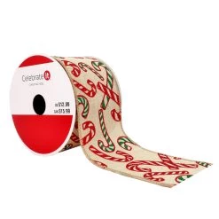Promo 🎉 2.5" x 20ft. Faux Linen Wired 🍬 Candy Canes Ribbon by Celebrate It™ 🎁 Christmas 🥰