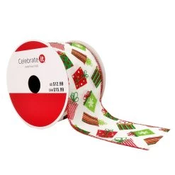 Outlet ❤️ 2.5" x 20ft. Taffeta Wired Gift Boxes Ribbon by Celebrate It™ ❄ Christmas 🌟