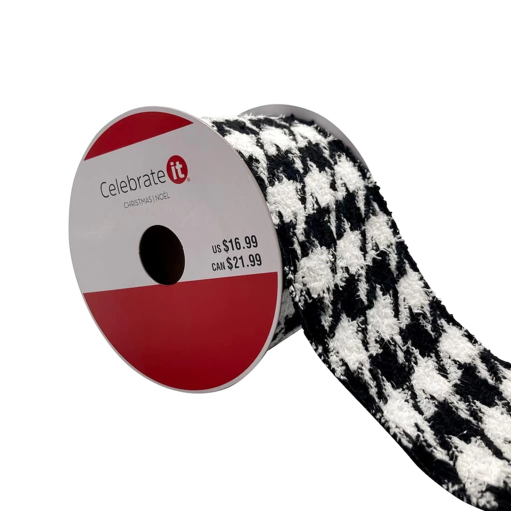 Outlet 🎁 3.5'' x 9 ft. Black and White Houndstooth Ribbon by Celebrate It® 💯 1 Outlet 🎁 3.5'' x 9 ft. Black and White Houndstooth Ribbon by Celebrate It® 💯
