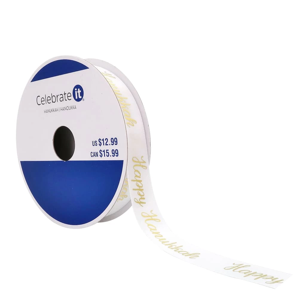 Brand new ๐ 5/8" x 30ft. Satin Foil Happy Hanukkah Ribbon by Celebrate It® Hanukkah ๐ 1 Brand new ๐ 5/8" x 30ft. Satin Foil Happy Hanukkah Ribbon by Celebrate It® Hanukkah ๐