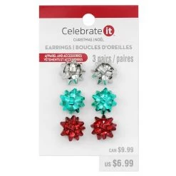 Coupon 😀 Christmas Silver, Teal & Red Bow Earrings by Celebrate It™ 🎉