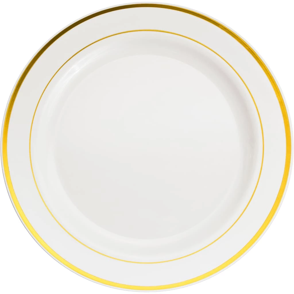 Cheapest 😉 12 Packs: 10 ct. (120 total) Round Banquet Plates with Gold Trim by Celebrate It™ 🤩 1 Cheapest 😉 12 Packs: 10 ct. (120 total) Round Banquet Plates with Gold Trim by Celebrate It™ 🤩